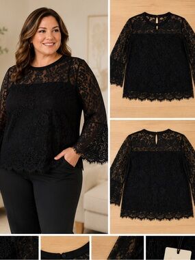 A. Byer Black Floral Lace Bell Sleeve Blouse XL NWT Sheer Dressy Top